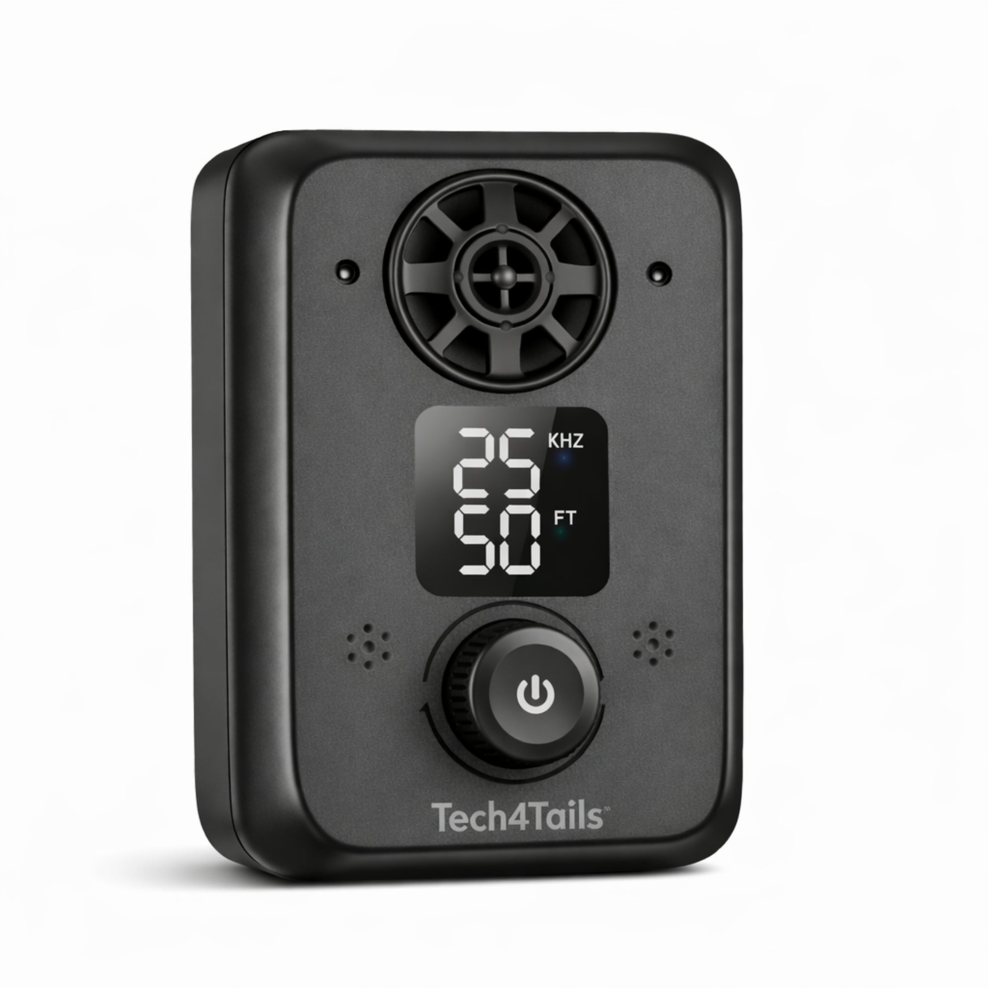 Black bark control device with digital display and control buttons on a white background