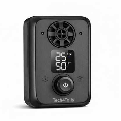 Black bark control device with digital display and control buttons on a white background