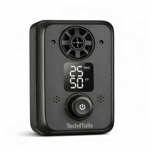 Black bark control device with digital display and control buttons on a white background