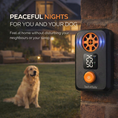 Dog bark control device with a dog and house in the background, promoting peaceful nights for both owner and dog.
