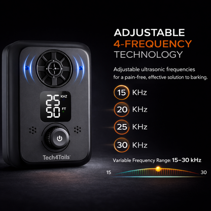 Tech4Tails electronic device with adjustable ultrasonic frequencies for barking control on a dark background.