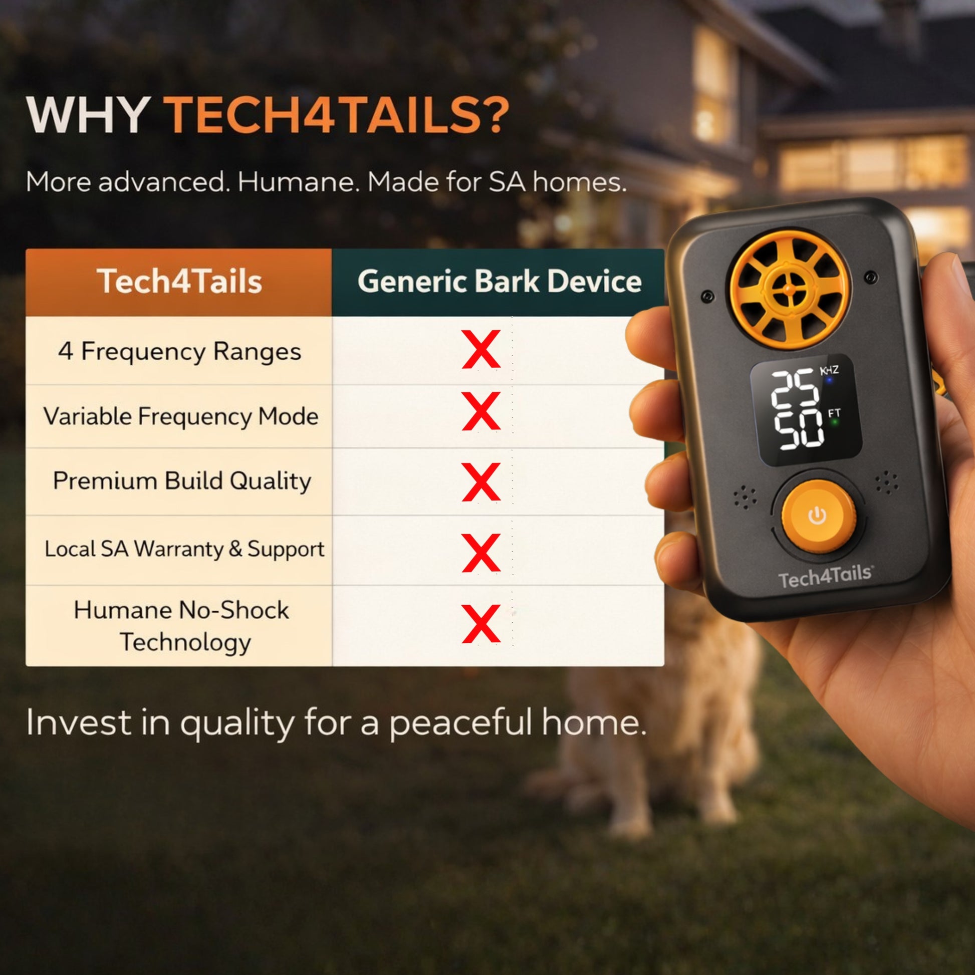 Hand holding a Tech4Tails anti-bark device with a comparison chart to a generic bark device, set against a blurred outdoor background.