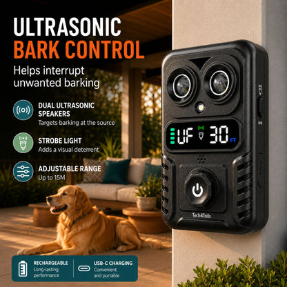 Automatic Bark Control Device | Dual Ultrasonic Emitters, Strobe Light & Digital Display | 15m Range | USB Rechargeable