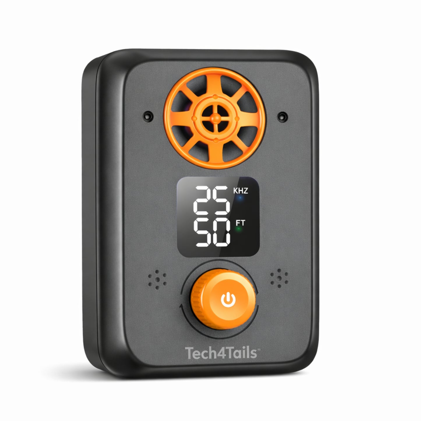 Black and orange ultrasonic bark device with orange accents and 'Tech4Tails' branding on a white background