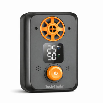 Black and orange ultrasonic bark device with orange accents and 'Tech4Tails' branding on a white background