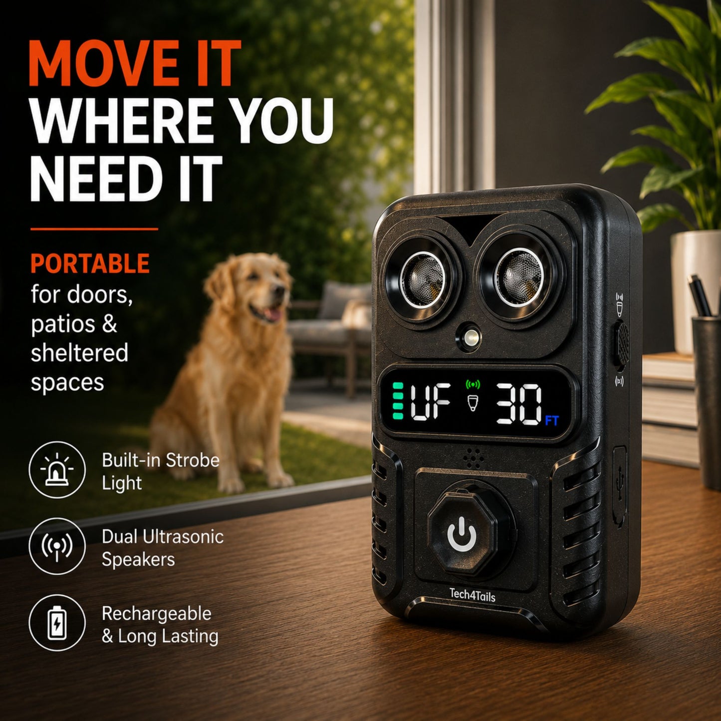 Automatic Bark Control Device | Dual Ultrasonic Emitters, Strobe Light & Digital Display | 15m Range | USB Rechargeable