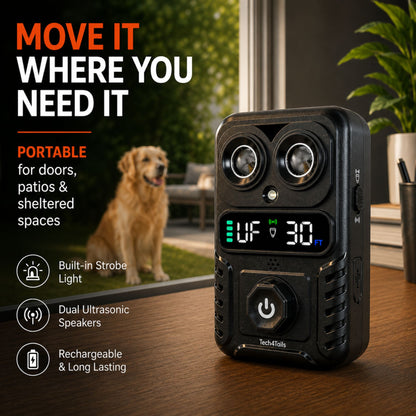Automatic Bark Control Device | Dual Ultrasonic Emitters, Strobe Light & Digital Display | 15m Range | USB Rechargeable