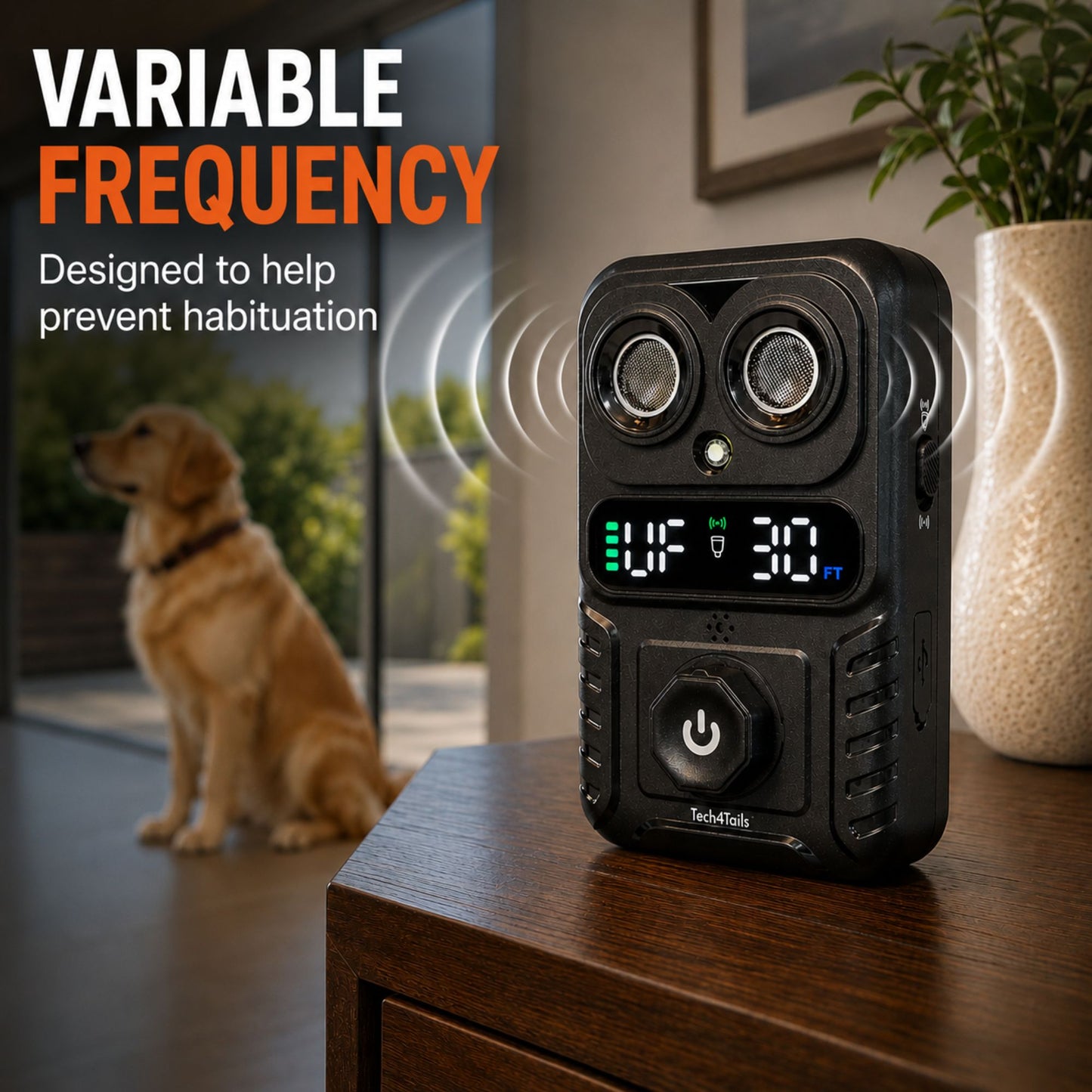 Automatic Bark Control Device | Dual Ultrasonic Emitters, Strobe Light & Digital Display | 15m Range | USB Rechargeable