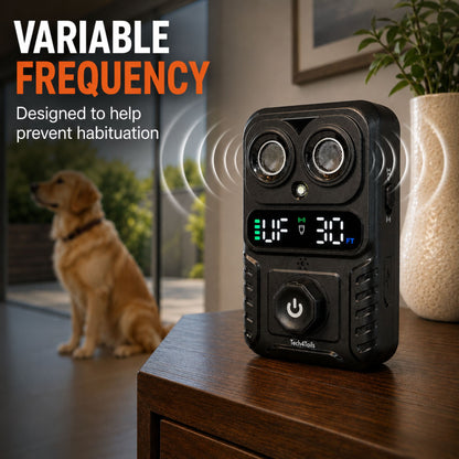 Automatic Bark Control Device | Dual Ultrasonic Emitters, Strobe Light & Digital Display | 15m Range | USB Rechargeable