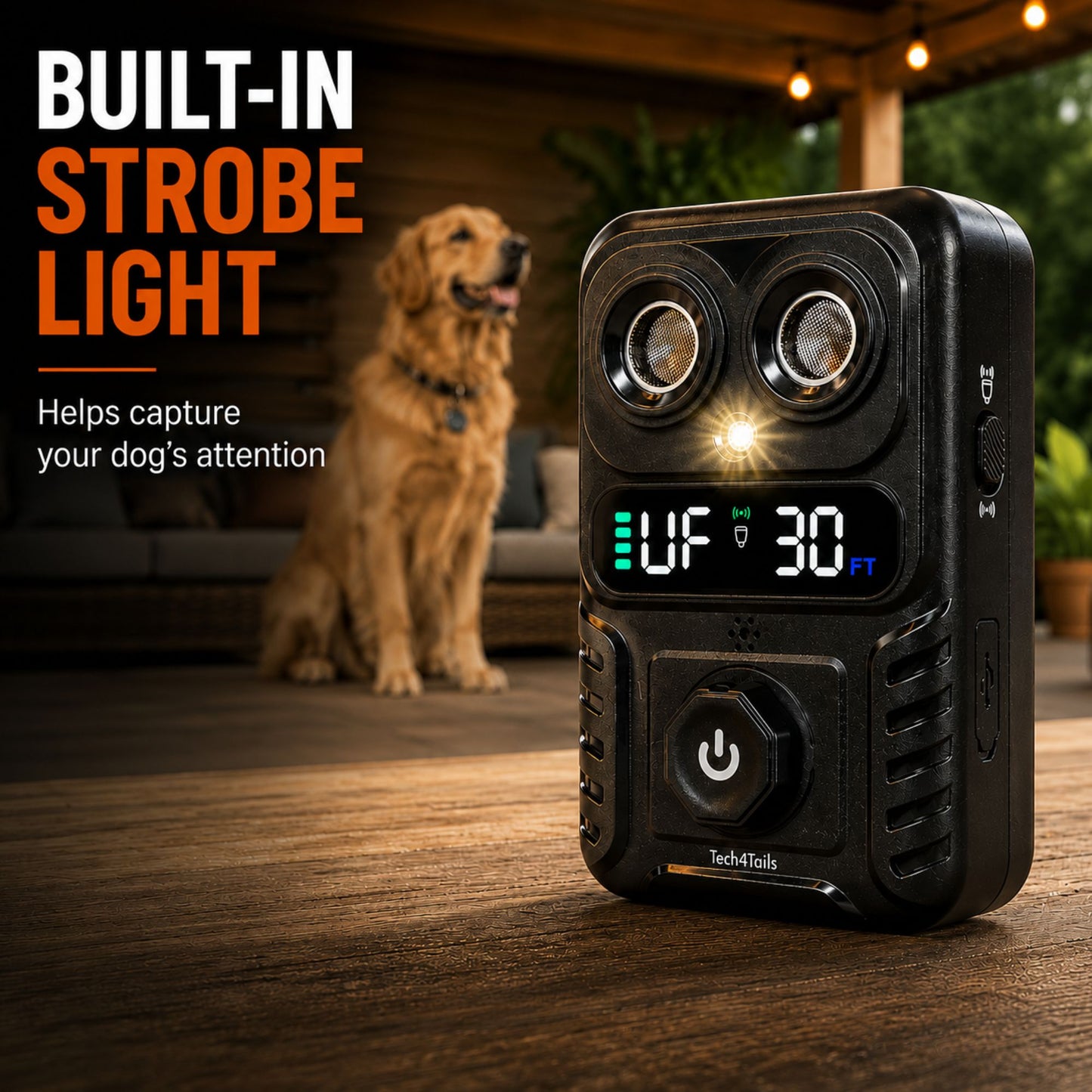 Automatic Bark Control Device | Dual Ultrasonic Emitters, Strobe Light & Digital Display | 15m Range | USB Rechargeable