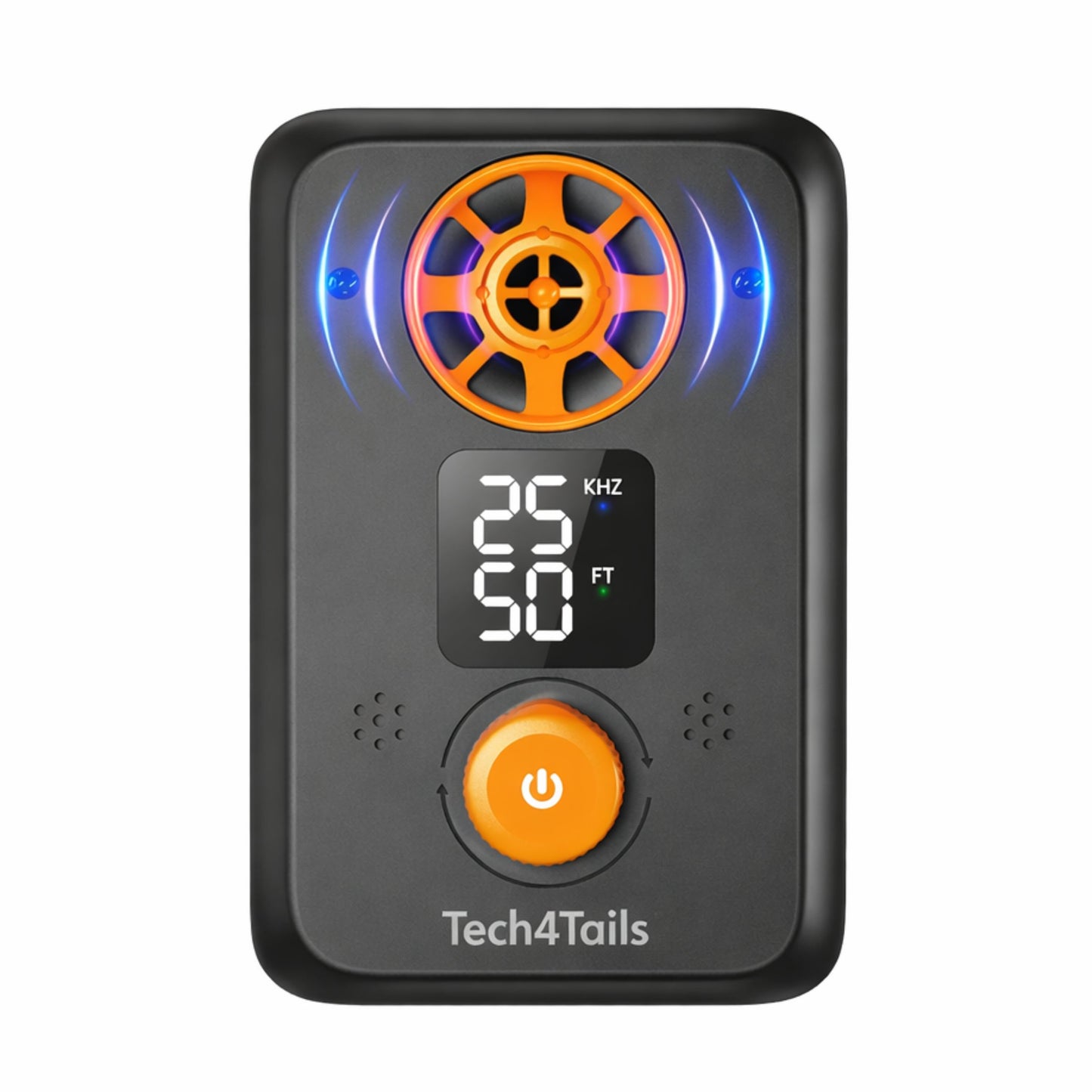 Dog training device with digital display and orange power button on a white background