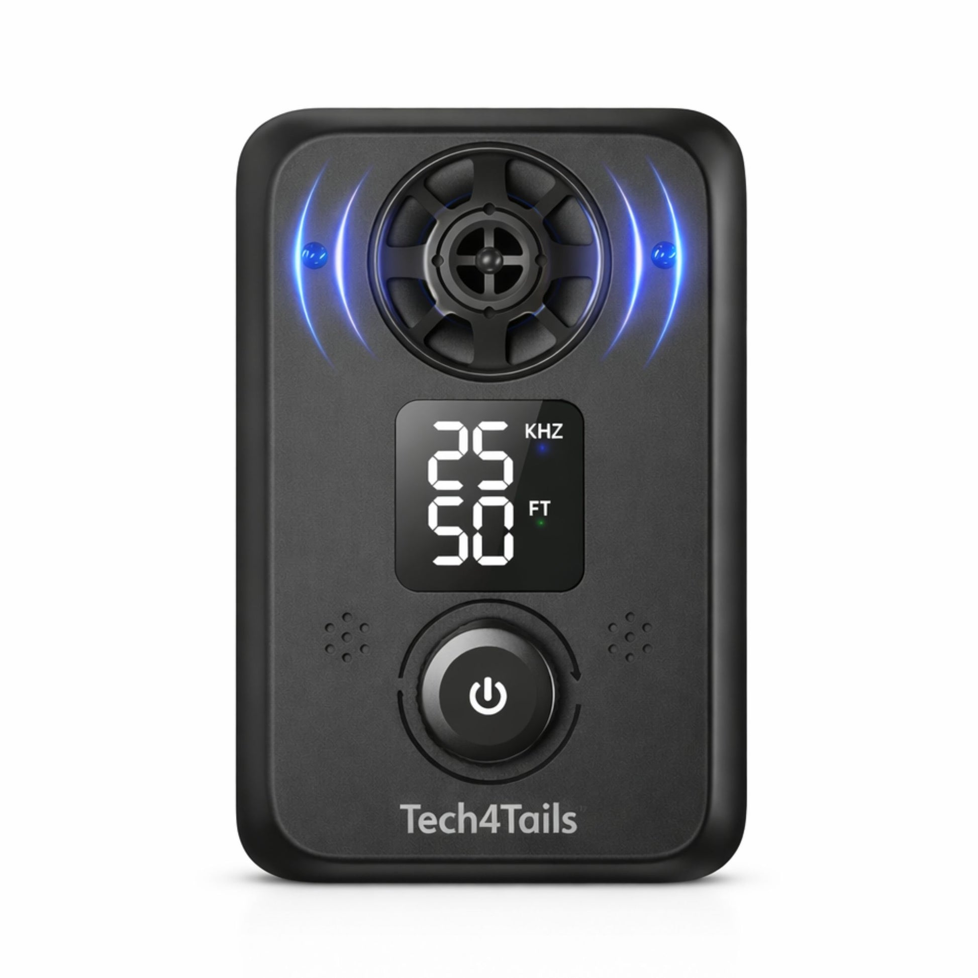 Black bark control device with digital display and power button on a white background, branded 'Tech4Tails'.